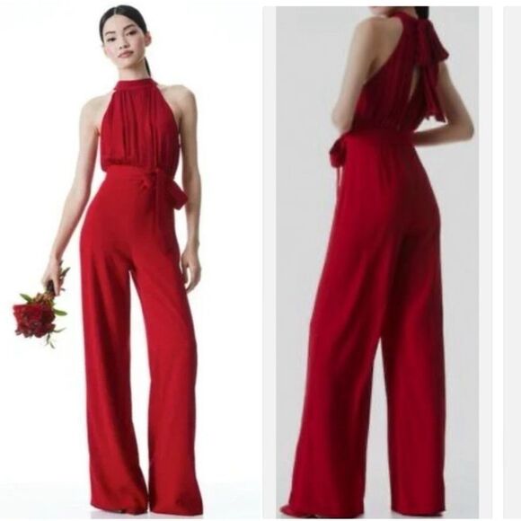 NWT Alice + Olivia Thelma Red Jumpsuit Halter Neck Wide Leg Belted Size 2 - Picture 1 of 13